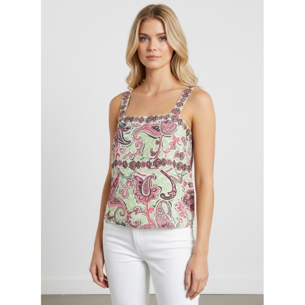 Tahari Arthur S Levine Pink Green Paisley Silk Blend Camisole Top Large